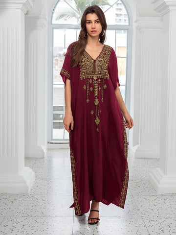 EDOLYNSA Sexy Red Geometric Embroidered Kaftan | V-Neck women fashion'/MH