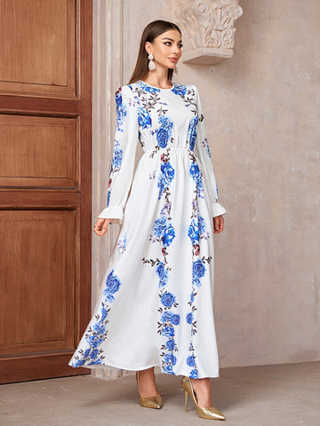 Floral Print Crew Neck Kaftan Dress, Elegant women fashion'/MH