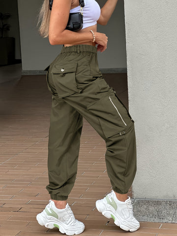 SwaKAKI Women's High-Waist Cargo Tapered Pants with Multiple Zippered Pockets, Olive Green Casual Commuter Pants, Polyester Fabric, All-Season Wear, Ladies Pants