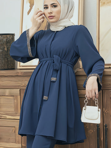 Contrast Trim Belted Button Front Kaftan Shirt, /MH