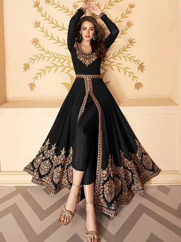 2pcs Middle Eastern European Retro High-Waist V-Neck Long Sleeve Maxi Dress with Flared Skirt and Slim Fit Pants, Elegant Fashionable Outfit for Formal Occasions, Parties, and Special Events