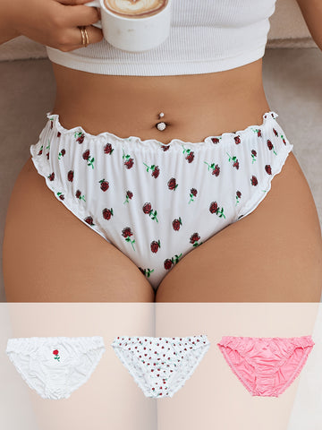 3pcs Women'S Plus Size Floral Lingerie Briefs - Sexy Ruffled Hem, /MH