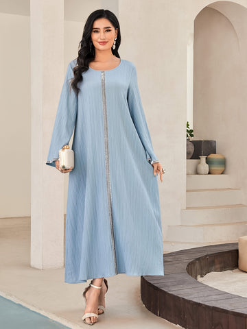 Contrast Trim Crew Neck Kaftan Dress, /MH
