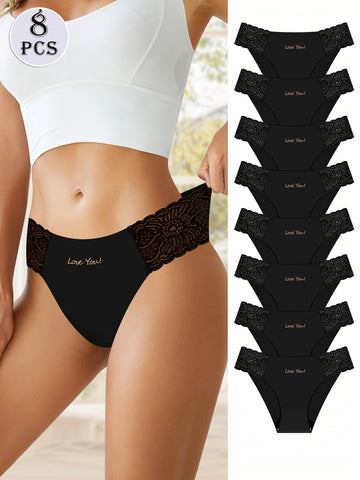 8pcs Letter Print Lace Briefs, Comfy Breathable Stretchy Intimate Panties, /MH
