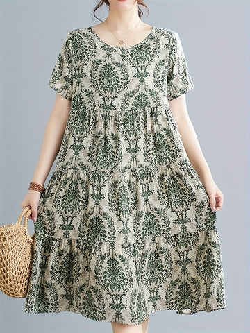 Paisley Print Crew Neck Dress, Casual Short Sleeve Loose Fit Dress./MH