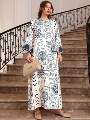 Allover Print Long Sleeve Kaftan Dress, /MH