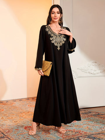 Ramadan Contrast Trim V Neck Kaftan Abayas, /MH