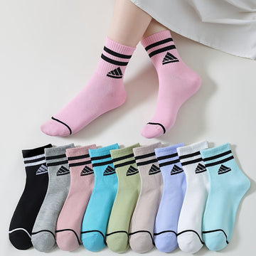 10 Pairs Women'S Fashion Striped Solid Color Short Socks, Polyester and Spandex Blend, Knit Fabric, Comfortable Athletic Mid-Calf Sports Socks