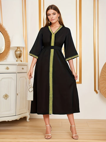 Ramadan Contrast Trim V-neck Kaftan Dress, Elegant Bell Sleeve 'MH