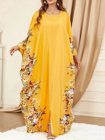 Floral Print Crew Neck Kaftan, Elegant Batwing Sleeve'/MH