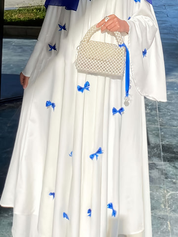 Elegant White Abaya with Blue Bow Accents - ./MH