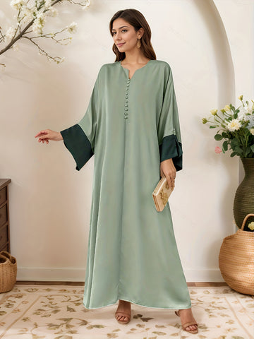 Women's Ramadan Abaya - Elegant Islamic Dress with V-Neck Button Front, Flowing Long Sleeves, Machine Washable Middle Eastern Gown for Ramadan, Weddings, Everyday Modest Clothing - Formal & Casual Outfits, Muslim Dress