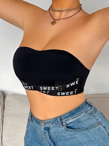 1pc Sexy Wireless Bra with Cross-Over English Letter Design, Soft Comfortable No Padding Adult Women'S Lingerie, Fashionable Alphabet Pattern for Casual Attire, Comfortable Undergarment | Stylish Underwear | Soft Fabric Bra