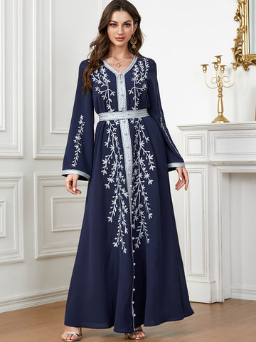 Floral Pattern Kaftan Dress, Elegant V Neck '/MH