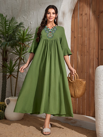 Embroidered V Neck Kaftan Dress, Elegant Half Sleeve .MH