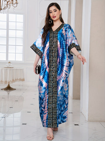 Abstract Print Greek Pattern Kaftan Dress, Elegant Half Sleeve'/MH