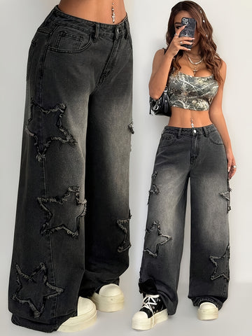 Women'S High-Waist Distressed Wide-Leg Jeans - Vintage Washed Black Denim with Ripped Details, Comfortable Mid-Rise Fit, Casual Style for All Seasons, Ladies Jeans, Versatile Clothing, Midrise Denim, Nonstretch Fabric