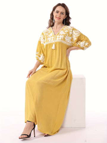 Women'S Eid-Themed Green Dress with White Floral Embroidery - Loose Fit, V-Neck, Half Sleeve, Non-Stretch Fabric, Perfect for Ramadan and Eid Celebrations, Eid Dress | Floral Embroidery Dress | Embroidered Dress