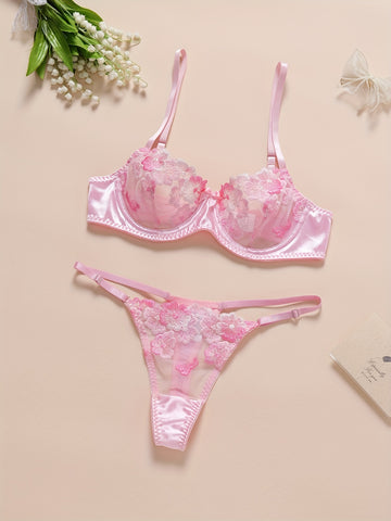 Sexy Lingerie Set, Floral Embroidery Mesh Semi Sheer Cami Bra & Panties,/ MH