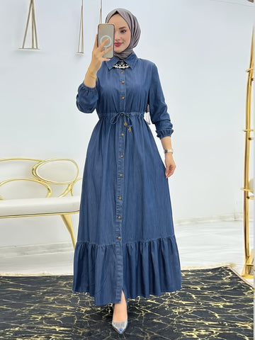 Solid Button Front Kaftan, Casual Long Sleeve Ruffle Hem Dress Without Hijab, /MH