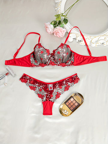 Red Floral Embroidered Lace Lingerie Set, Sexy Semi-Sheer Underwire Bra '/MH
