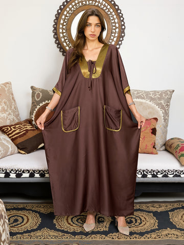 EDOLYNSA Vintage Brown & Golden Contrast Satin V-Neck./MH