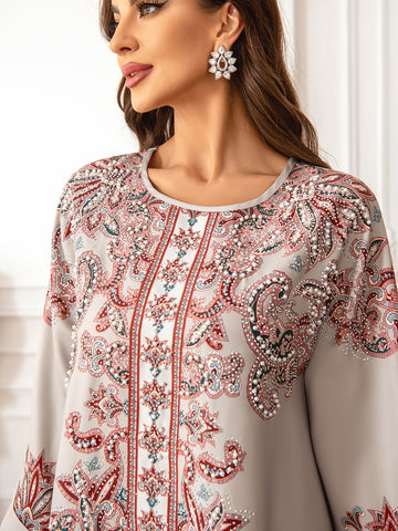Women's Middle Eastern Abaya Jellabiya Dress - Light Blue Floral Print with Beaded & Detailing, Long Sleeve Floor-Length Regular Fit All-Season Elegant Traditional Muslim Dress for Modest Fashion, Muslim Clothes, Allseason We