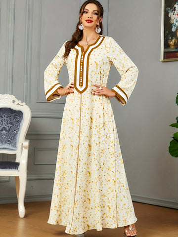 Floral Print Notch Neck Kaftan, Elegant Long Sleeve Maxi women fashion ;/MH