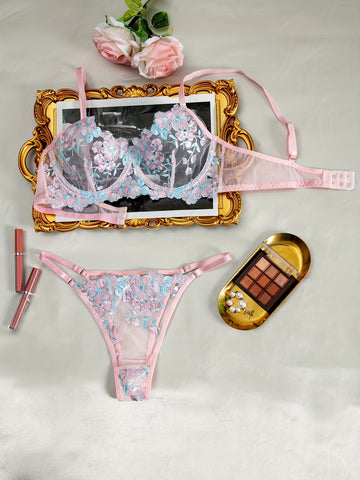Sexy Lingerie Set, Floral Embroidery Mesh Cami Bra & Panties,/MH