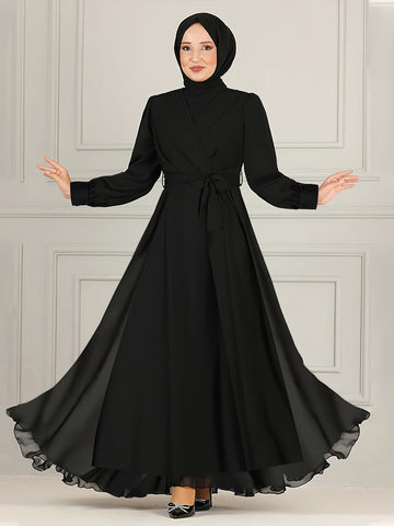 Belted Solid Kaftan, Elegant Long Sleeve A-line Dress, Women's Clothing'/MH