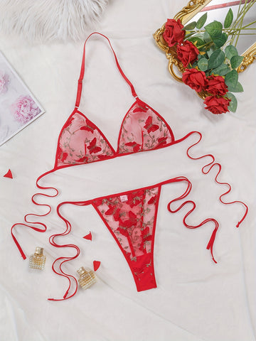 Butterfly Embroidery Bra & Panties, Halter Unlined Plunge Bra '/MH