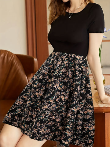 Vibrant Floral Print Crew Neck Dress - Short Sleeve, Casual, Comfortable, Spring & Summer Essential - Women's Clothing for Everyday Wear