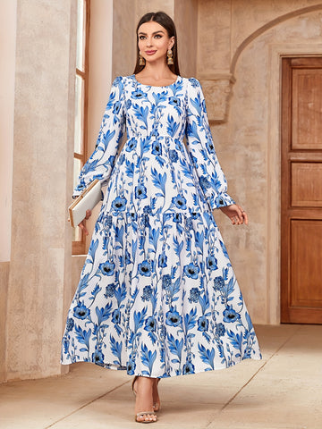 Floral Print Crew Neck Kaftan Dress, /MH