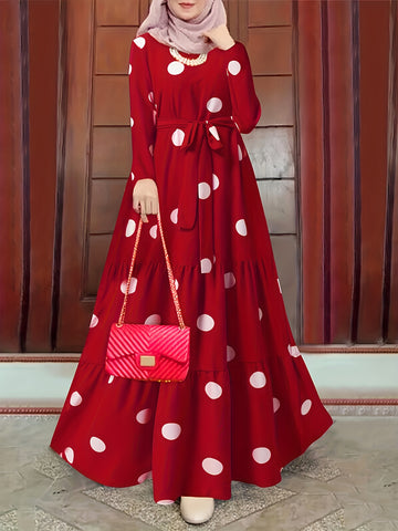 Polka Dot Print Kaftan Dress, Casual Long Sleeve 'MH
