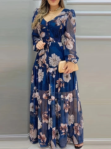 Elegant Floral Print 1pc V-Neck Maxi Dress - ./MH