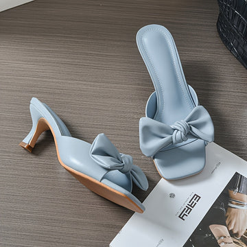 Women's Sweet Style Open-Toe Sandals with Bow Detail - Slip-On Stiletto Heel, PU Cover Upper & Rubber Sole, Light Blue Summer Dress Shoes for Casual/Formal Outfits, High Heel Sandals