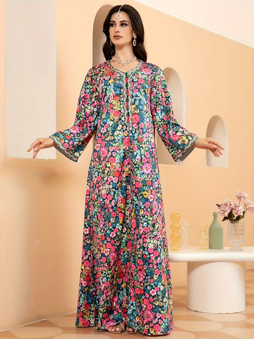 Floral Print V Neck Kaftan, Elegant Long Sleeve Maxi Dress, / MH