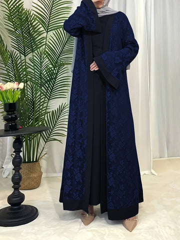 Cultural Grace, Elegant Light Blue Floral Abaya Set - Traditional Islamic Women’s Dress with Matching Hijab, Long Sleeve Maxi Kaftan for Spring/Summer/Fall, Hijab Scarf