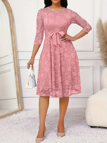 Floral Lace Ruffle Hem Belted Dress, Elegant Crew Neck 3/4 Sleeve Aline Dress ./MH