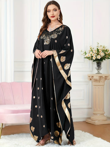 Graphic Print Batwing Sleeve Kaftan Dress, /MH