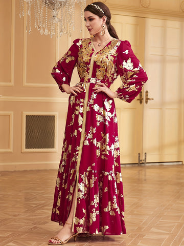 Bronzing V-neck Kaftan Dress, Elegant Long Sleeve 'MH