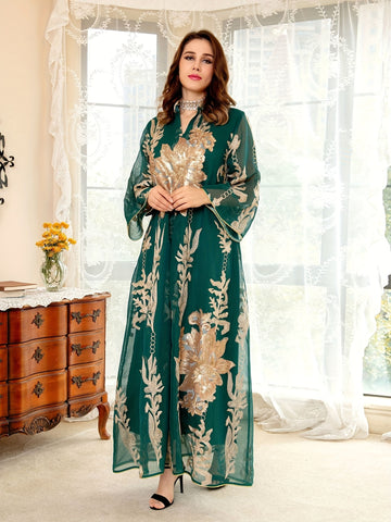 Ramadan Floral Pattern Notched Neck Kaftan Abayas, /MH