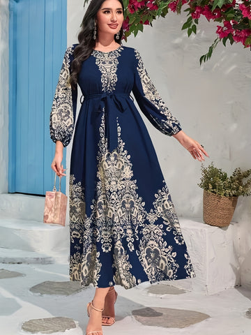 Graphic Print Tie Waist Kaftan Dress, /MH