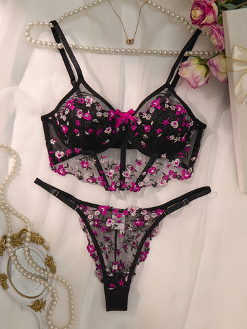 Sexy Lingerie Set, Floral Embroidery Mesh Semi Sheer Cami Bra & Panties, /MH