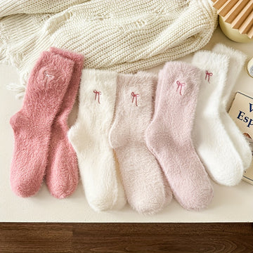 5pcs Women's Cozy Pink Bowknot Plush Socks - Thick, Warm Mid-Calf Winter Sleeping & Home Floor Socks