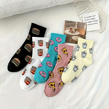 5 Pairs Cartoon Hamburger French Fries Pizza Cute Pattern Socks, Comfy & Breathable Mid Tube Socks, Women's Stockings & Hosiery