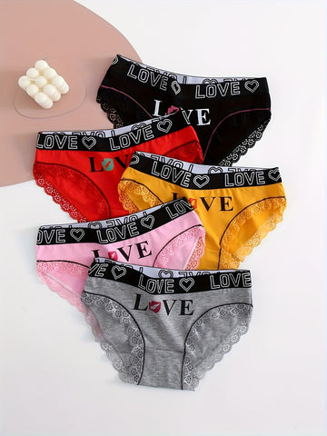 5pcs Contrast Lace Letter Print Briefs, Comfy & Breathable Scallop Trim Panties, /MH