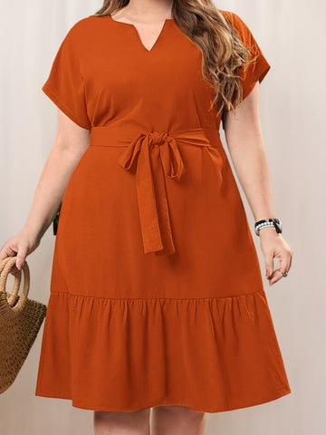Plus Size, Plus Size Women's Notch Neck Ruffle Hem Dress