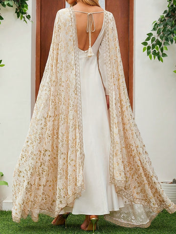 Women'S Floral Pattern Two-Piece Set with Shawl, Elegant Long Sleeve Abaya Dress - All-Season Regular Fit, No Belt, Traditional Middle Eastern Attire, Elegant Attire|Floral Pattern|Lace Detailing, Abaya Dress