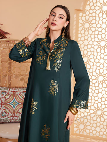 Floral Print V Neck Kaftan Dress, Elegant Long Sleeve Loose Fit Dress, /MH